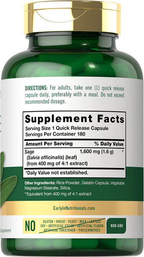 Carlyle Sage Supplement 1600mg | 180 Capsules | High Potency | Non-GMO, Gluten Free