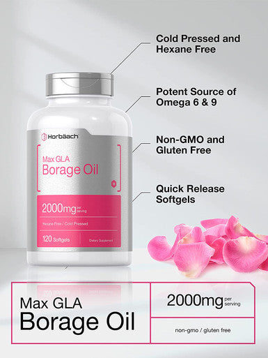 Borage Oil Capsules 2000 mg | 120 Softgels | 380mg of GLA | Cold Pressed Seed Oil Supplement | by Horbaach