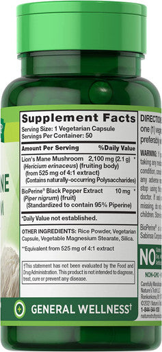 Lions Mane Mushroom Supplement | 2100mg | 50 Capsules | Vegetarian, Non GMO & Gluten Extract | by Nature's Truth
