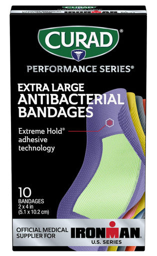Curad Performance Series IRONMAN Antibacterial Bandages Extreme Hold Adhesive Technology Extra Large Flexible Fabric Bandages for Cuts Scrapes & Burns Assorted Colors 2 x 4 inches 10 Count