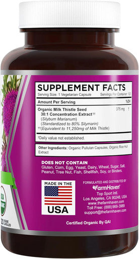 Farmhaven Usda Organic Milk Thistle Capsules 30X Concentrated Seed Extract & 80% Silymarin Standardized - Supports Liver Function And Overall Health Non-Gmo 120 Veggie Capsules