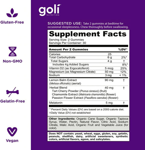 Goli Dreamy Sleep Gummy - 60 Count - Melatonin Vitamin D Magnesium And Lemon Balm Extract - Gelatin- Gluten- Vegan & Non-Gmo