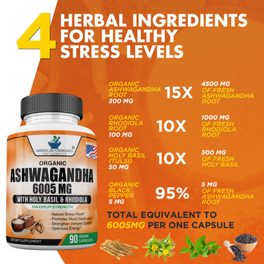 Ashwagan Organic 6005mg, Organic Rhodiola Rosea, Organic Holy Basil Tulsi, Organic Black Extract, Relief, Mood Enhancer, Relaxation, Focus, Thyroid Support, 90 Veggie Capsules