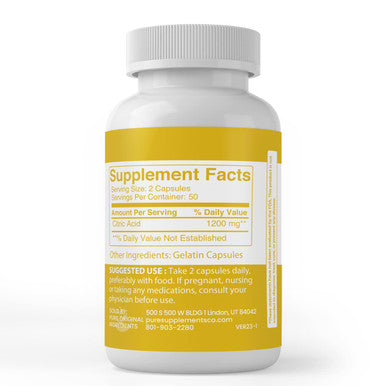 PURE ORIGINAL INGREDIENTS Citric Acid, (100 Capsules) Always Pure, No Additives Or Fillers, Lab Verified