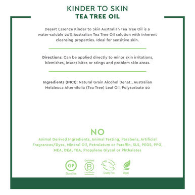 Desert Essence Kinder to Skin Australian Tea Tree Oil - 4 Fl Ounce - Soothes Stings & Minor Insect Bites - Blemishes - Water Soluble - Essential Oil - Refreshing - Natural Glow - No Parabens