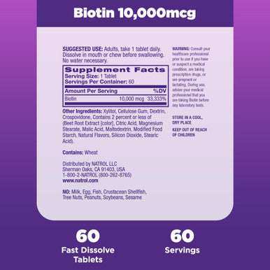 Natrol Biotin 10000mcg 4X Faster Dissolve Supplement for Healthy Hair, Skin and Nails for Those Low in Biotin Plus Energy Metabolism Support 60 Tablets