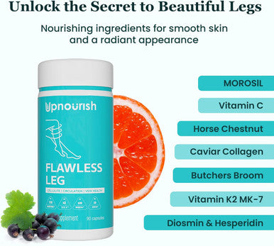 Upnourish Anti Cellulite And Varicose Veins Support, Restless Leg Relief, Leg Circulation Booster With Caviar Collagen, Sod, Butchers Broom & Horse Chestnut Capsules, 90 Ct