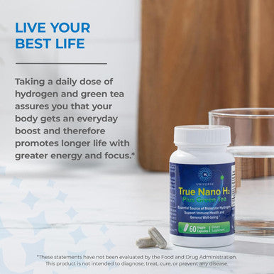True Nano H2 With Green Tea By H2 Universe Molecular Hydrogen With Active Hydrogen Nanobubbles, Boosts Energy, Powerful Antioxidant 60 Capsules