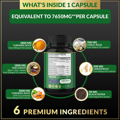 5in1 Turmeric Curcumin Capsules 7650mg 95 Curcuminoids Maca Garlic Ginger Black Pepper Supports Joint Health Inflammation Response 60 Count