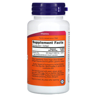 NOW Foods Vitamin D-3 1000 IU, 180 Softgels (Pack 2)