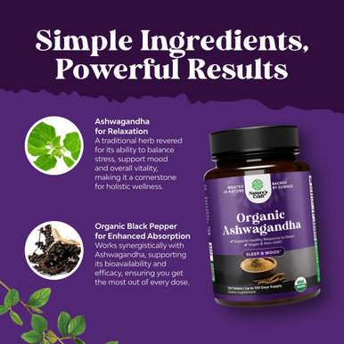 Natures Craft High Strength Organic Ashwagandha Supplements - Calm Mood Support Ashwagandha with Black Pepper for Enhanced Absorption - Vegan and Non-GMO (120 Tablets)