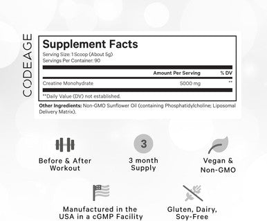 Codeage Liposomal Creatine Powder Supplement - 3-Month Supply - 5000mg Creatine Monohydrate Pre Workout & Post Workouts - Unflavored Creatine Pure Creatine Powder Creatinine for Sports - 90 Servings
