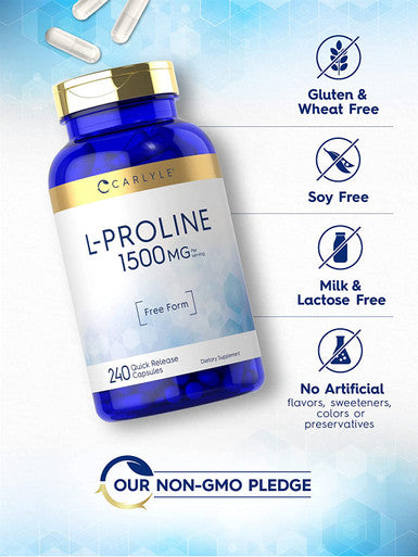 Carlyle L-Proline Free Form 1500mg | 240 Capsules | Non-GMO, Gluten Free Supplement