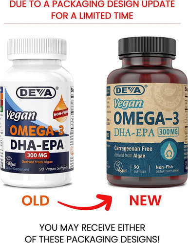 Deva Vegan DHA-EPA Nutritional Supplement, Non-Fish Derived from Algae, 300 mg Potency, 90 Vegetarian Softgels - Pack of 2
