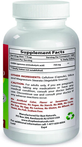 Best Naturals GABA Supplement 750mg 180 Veggie Capsules Naturals Sleep Aid
