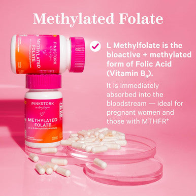 Pink Stork Folate: Methyl Folate - MTHFR Acid Natural Form of Folic Acid for Pregnancy Formulated for Mom + Baby Women-Owned 60 Capsules (Packaging May Vary)