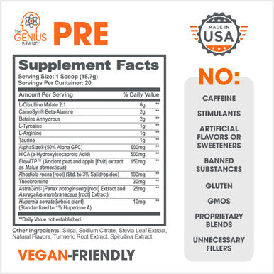 Genius Pre Workout Powder, Sour Apple - All- Nootropic Pre-Workout & -Free Nitric Oxide Booster Supplement with Beta Alanine & Alpha GPC - No Flavors, Sweeteners, or Dyes