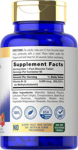 Carlyle Vitamin B-12 5000mcg | 60 Fast Dissolve Tablets | for Adults | Vegetarian Non-GMO & Gluten | Methylcobalamin Supplement