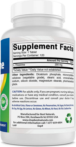 Best Naturals L-Theanine 200mg per Tablet (400mg per 2 Tablets) - Promotes Relaxation Without Drowsiness - 120 Vegetarian Tablets - (120 Count (Pack of 3))