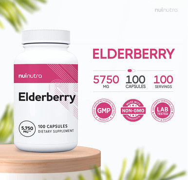 Nui Nutra Elderberry Capsules | 5750mg | 100 Capsules | Maximum Strength Elderberry (10:1 Extract) | Vegetarian | Immune Support | Antioxidants | for Men & Women