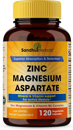 Sandhu Herbals Zinc Magnesium Aspartate Supplement 120 Capsules, Made In The Usa Recovery & Sleep Supplement, Promotes Muscle Recovery, Immune SupportVitamin B6