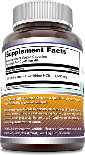 Amazing Nutrition Formulas L-Ornithine 1500 Mg Per Serving Veggie Capsules Supplement | Non-GMO | Gluten | Made in USA (120 Count)