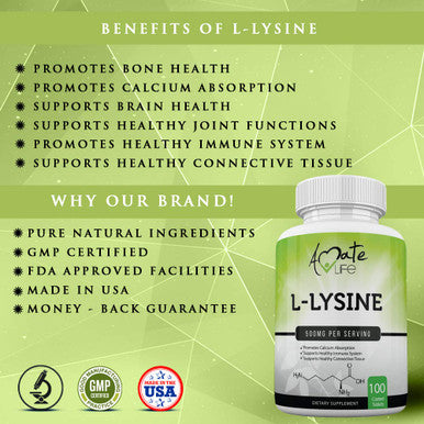 L Lysine 500mg Capsules Immune Support, Cold Sores, Joint Health & Brain Functioning - Amino Acid for Men and Women- 100 Capsules- Made in USA by Amate Life