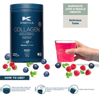 Kinetica Sports Collagen Powder - Berry Flavour | 350g | 5g FORTIGEL Bovine Collagen/Serve 320mg Vitamin C 5ÃƒÅ½Ã‚Â¼g Vitamin D 100mg Hyaluronic Acid & 500mg Glucosamine Sulphate | Joint & Muscle Support