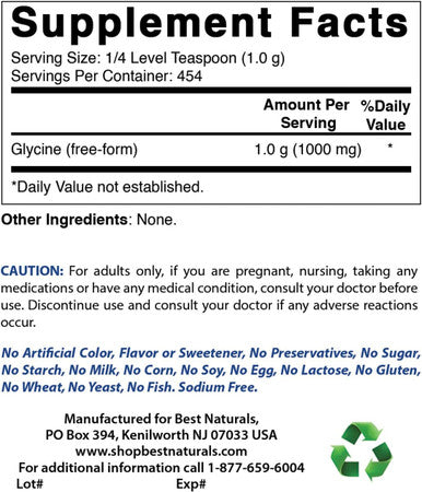Best Naturals Glycine Powder 1 LB - Neurotransmitter & Relaxation Support
