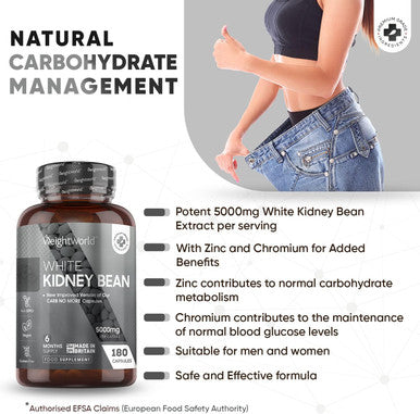 Weightworld White Kidney Bean Extract 5000mg - 180 Vegan Capsules (6 Months Supply)- Enriched with Zinc & Chromium - High Strength Kidney Bean Supplement - Gluten - Made in The UK