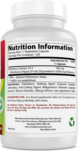 Best Naturals Elderberry Sambucus Nigra 5000mg Equivalent 120 Veg Capsules