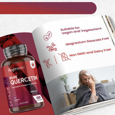 Weightworld Pure Quercetin 1000mg - 180 Vegan Quercetin Powder Capsules - High Strength Quercetin Supplement - 2 Quercetin Capsules Per Serving - High Absorption & Effectiveness - Natural Immunity Supplement