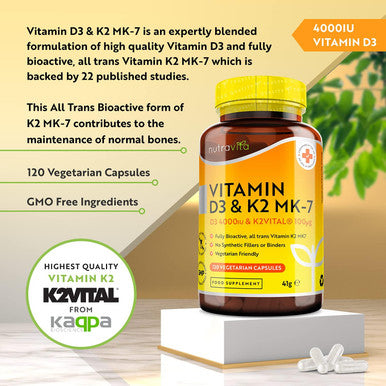 Vitamin D3 4000 Iu & Vitamin K2 100Ug Mk7 (K2Vital ) - Clinically Proven Ingredients Max Strength - 120Capsules Supports Normal Immune System Cholecalciferol & Menaquinone-7 Made In The Uk