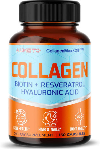 Aumeto Collagen Types I II III IV with Hyaluronic Acid Resveratrol Biotin Vitamin C - Advanced 8-in-1 Formula for Skin Hair Nails & Joint Support - Made in The USA (90 Count (Pack of 1))
