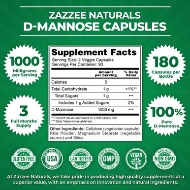 Zazzee D-Mannose, 1000 Mg Per Serving, 180 Vegan Capsules, 3 Month Supply, Potent & Fast-Acting, 100% Pure, Natural Cleansing Sup