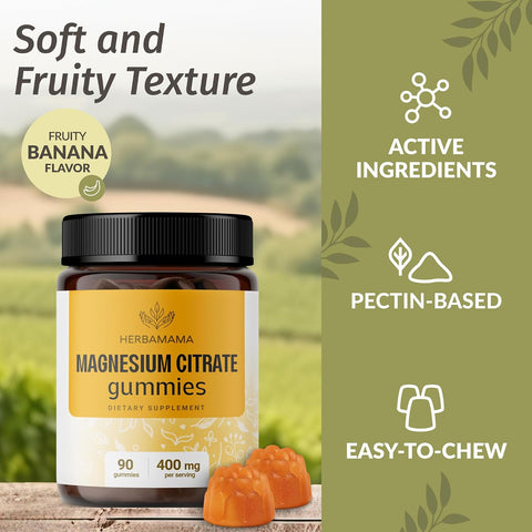 Herbamama Calm Magnesium Gummies - 400Mg Magnesium Citrate For Relaxation Support - Vegan Non-Gmo Calming Supplement For Adults - 90 Pectin-Based Banana-Flavored Chews