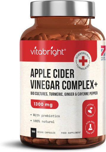 Vitabright Apple Cider Vinegar Capsules with Probiotics Prebiotics Turmeric Ginger & Cayenne Pepper - 180 ACV Capsules (not Gummies not Tablets) - 1300mg per Serving - Raw & Unfiltered - Keto - VitaBright