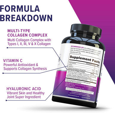 Multi Collagen Pills with Hyaluronic Acid Vitamin C 5 Type Hydrolyzed Collagen Protein Peptides Types I II III V X 30 Servings 90 Capsules