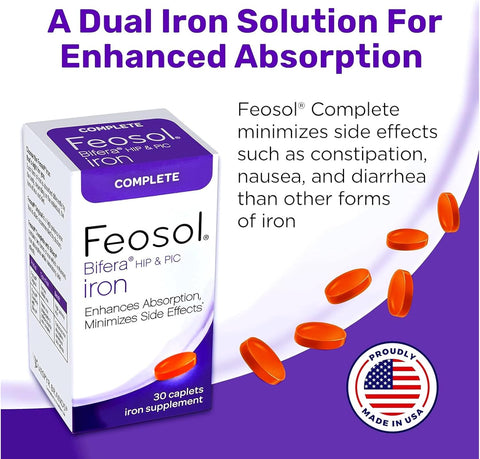 Feosol Bifera HIP and PIC Iron Supplement Complete 30 Caplets Pack of 3