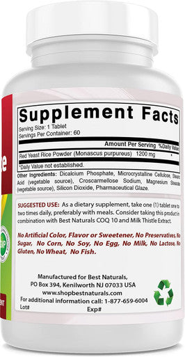 Best Naturals Red Yeast Rice 1200 mg (Non-GMO) 120 Tablets - Non Irradiated Citrinin