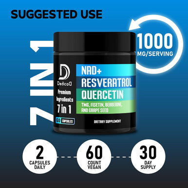 DEDICAD Nad+ Supplement 1000Mg - Pure Nad Supplement Combined To Resveratrol Quercetin Berberine Fisetin Tmg And Grape Seed Energy And Dna Repair Aging Defense Brain Function - 60 Capsules