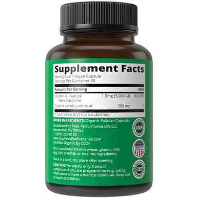 Peak Performance Raw Food Vitamin A Capsules Supplement High Potency Vitamins with Carrot Juice. Great for Immune, Skin, Eye Support. Vegan Pills, Tablets