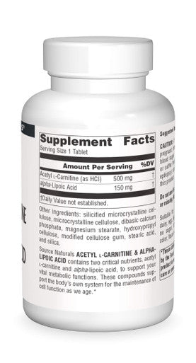Source s Acetyl L-Carnitine & Alpha-Lipoic 650mg - 120 Tablets