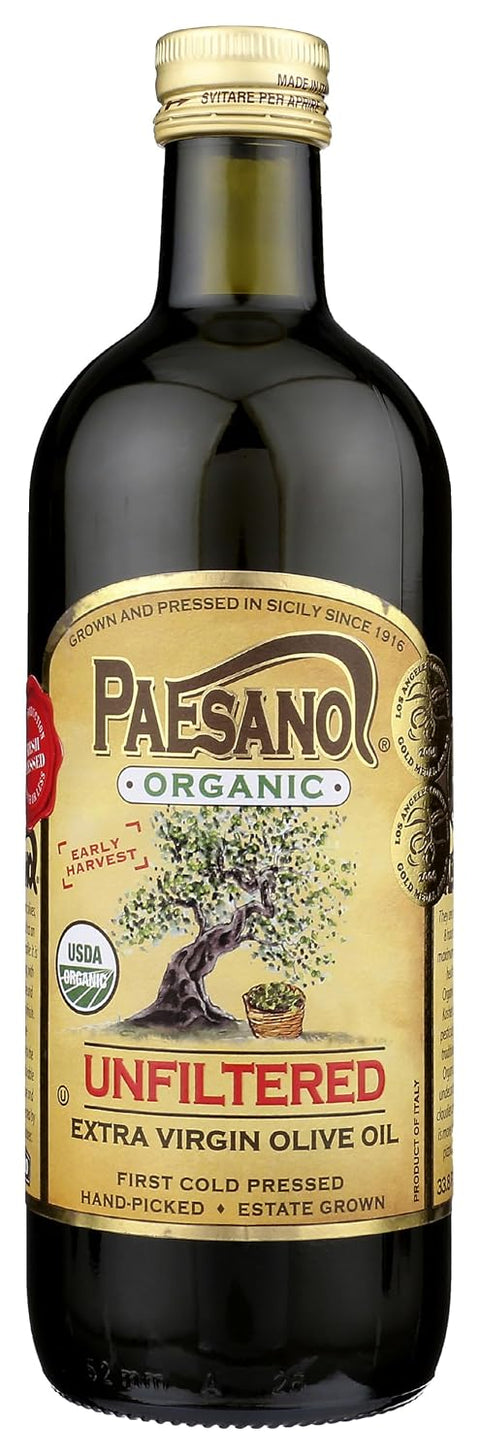 Paesanol Organic Extra Virgin Olive Oil, Unfiltered, 33.8 Fl Oz (1L) | High Polyphenol, Premium First Cold Pressed, Hand Picked, Early Harvest in Sicily, Award Winning Italian EVOO