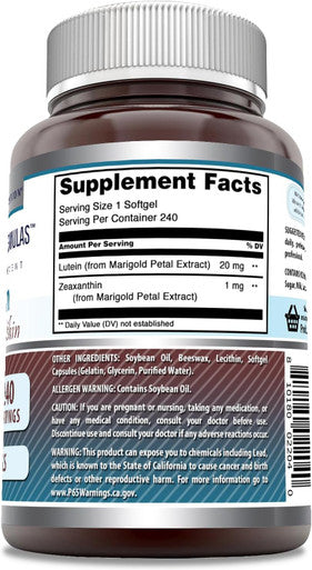 Amazing Nutrition Formulas Lutein 20 mg with Zeaxanthin 800 mcg | Softgels Supplement | Non-GMO | Gluten | Made in USA (240 Count)