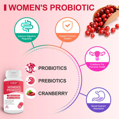 CANLIST Women's Probiotics120 Billion CFUs 18 Strains 3 Prebiotics & Digestive Enzymes Contains Organic Prebiotic Cranberry Women's Health Digestive & Immune Support Non-GMO Soy Gluten Dairy Free