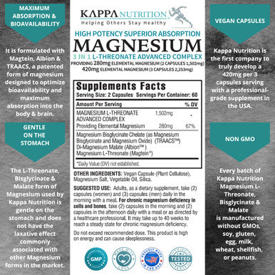 (120 Capsules) 2,253mg Providing 420mg Elemental Magnesium L-Threonate Bisglycinate Chelate Malate, for Brain Sleep Cramps Headaches Energy Heart from Kappa Nutrition.