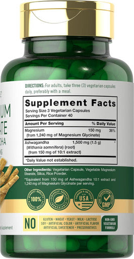 Carlyle Magnesium Glycinate with Ashwagandha | 2740mg Complex | 120 Vegetarian Capsules | Potent Duo | Non-GMO and Gluten Supplement