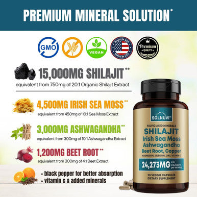Shilajit Pure Himalayan Organic Capsules 15000Mg With Irish Sea Moss, Ashwagandha, Copper, Beet Root - Fulvic Acid Trace Minerals Supplement For Men & Women - 90 Count, Non-Gmo, Gluten-Free