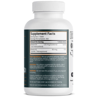 Bronson Vitamin K2 D3 (MK7) Supplement Non-GMO Formula 5000IU (125 mcg) Vitamin D3 & 90 mcg Vitamin K2 MK-7 Easy to Swallow Vitamin D & K Complex, 360 Tablets